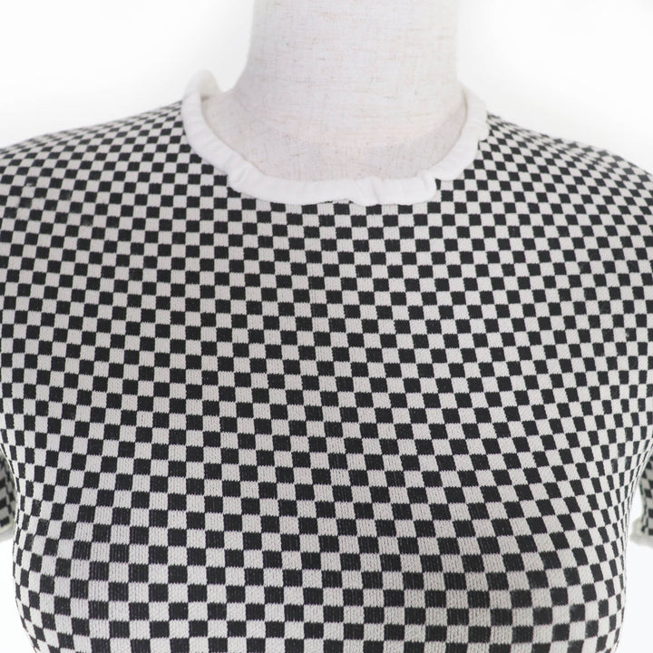 美品★LOUIS VUITTON ルイヴィトン 22SS ラバーロゴワッペン付 半袖 マイクロチェック ミニドレス ワンピース 黒 白 XS 伊製 正規品