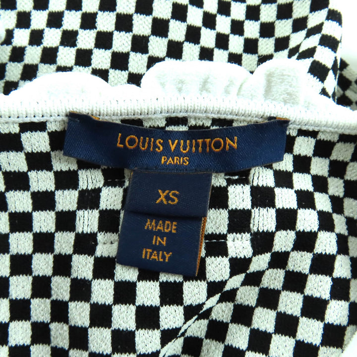 美品★LOUIS VUITTON ルイヴィトン 22SS ラバーロゴワッペン付 半袖 マイクロチェック ミニドレス ワンピース 黒 白 XS 伊製 正規品