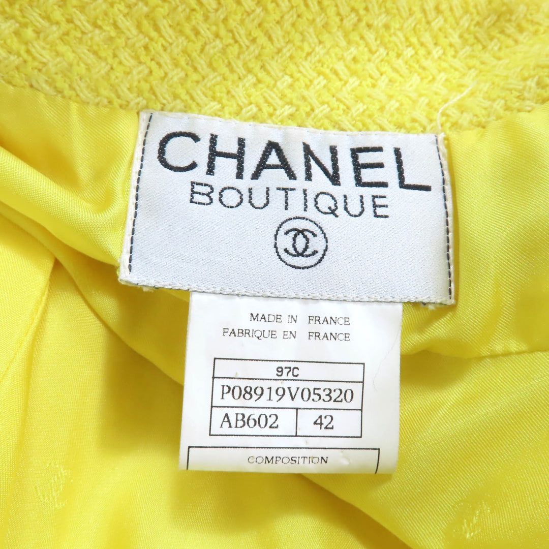 美品★CHANEL シャネル ヴィンテージ 97C P08919 ココマークボタン 半袖ジャケット＋スカート スーツ セットアップ イエロー 42 正規品