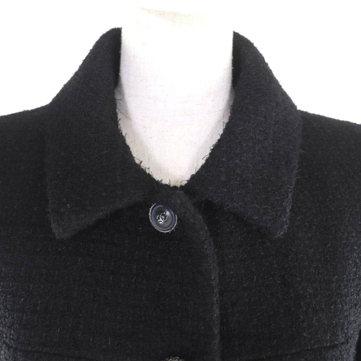 極美品★CHANEL シャネル P62079 裏地シルク100％ ココマークボタン付 ツイードコート ウールコート ブラック 36 フランス製 レディース