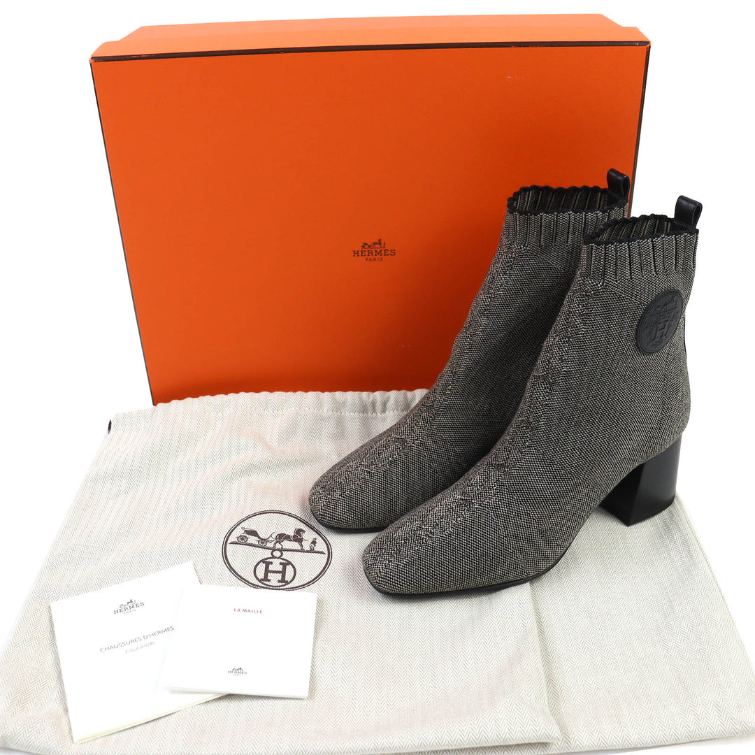 未使用品△HERMES エルメス ヴォルヴェール ニット テクニカルファブリック レザー使い ショートブーツ グレー ブラック 35.5 箱・袋付