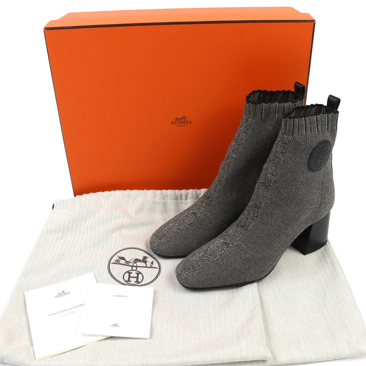 未使用品△HERMES エルメス ヴォルヴェール ニット テクニカルファブリック レザー使い ショートブーツ グレー ブラック 35.5 箱・袋付