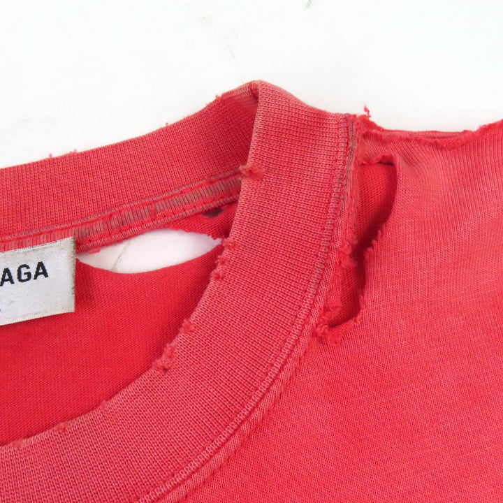 美品△BALENCIAGA バレンシアガ 612965 コットン100% デストロイ ダメージ加工 クルーネック 半袖Ｔシャツ レッド系 S 正規品 メンズ