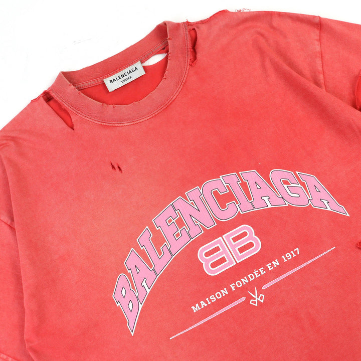 美品△BALENCIAGA バレンシアガ 612965 コットン100% デストロイ ダメージ加工 クルーネック 半袖Ｔシャツ レッド系 S 正規品 メンズ