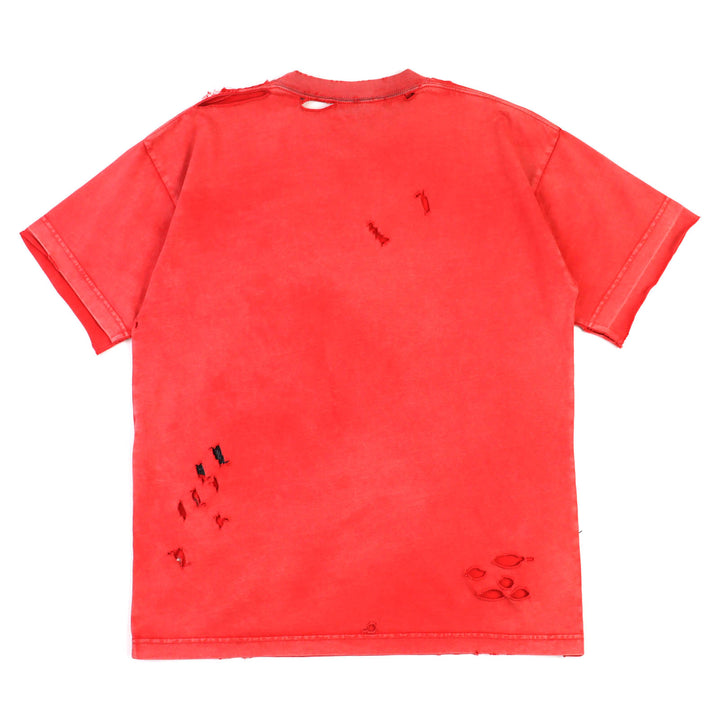 美品△BALENCIAGA バレンシアガ 612965 コットン100% デストロイ ダメージ加工 クルーネック 半袖Ｔシャツ レッド系 S 正規品 メンズ