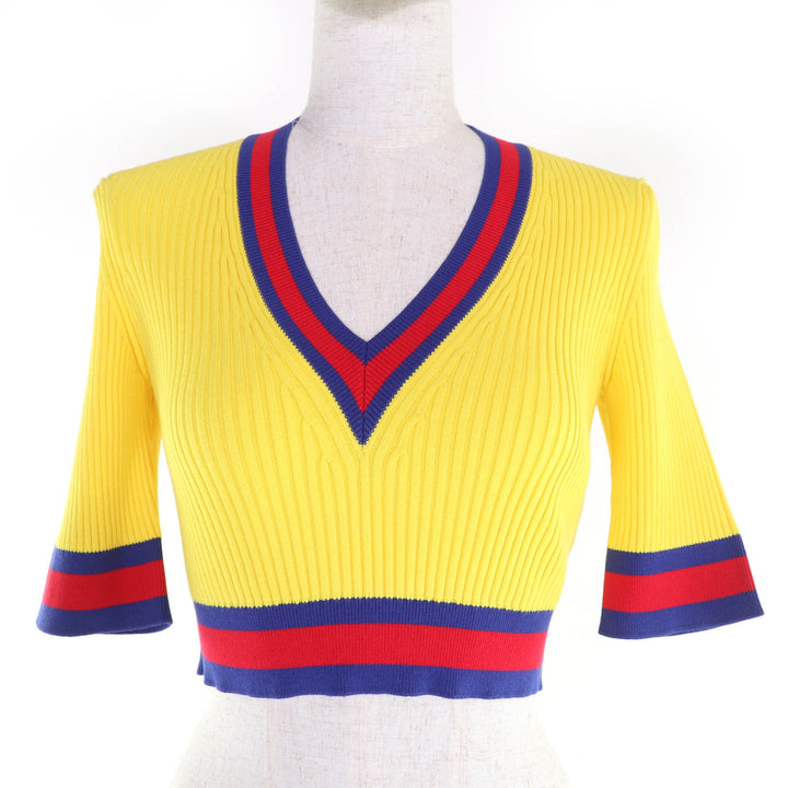 未使用品☆GUCCI グッチ 23AW 756271 ウェブライン Vネック クロップド丈 半袖ニット トップス イエロー S イタリア製 正規品 レディース
