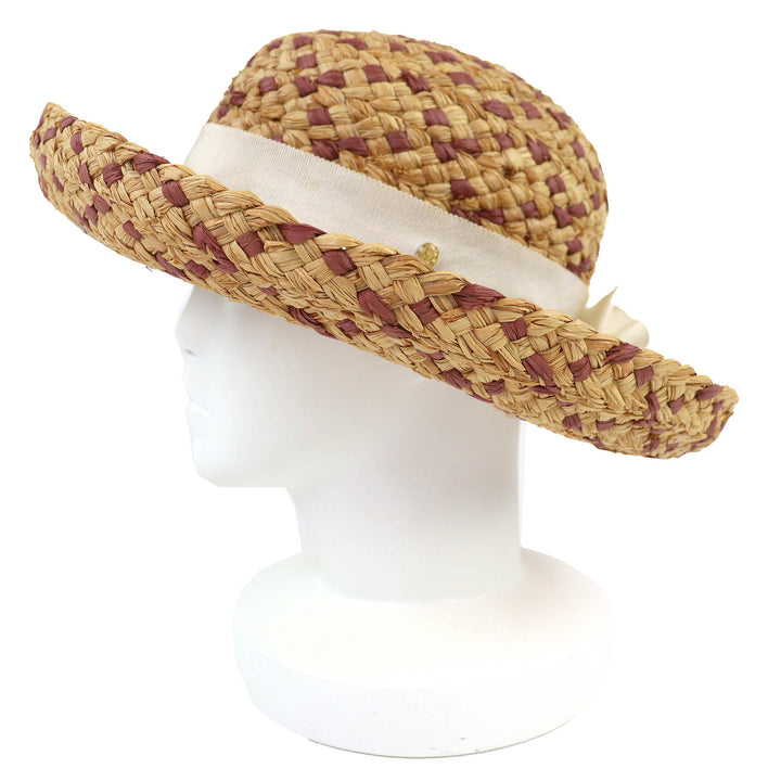 美品△HELEN KAMINSKI ヘレンカミンスキー ラフィア100％ ロゴ金具 リボン ストローハット 麦わら帽子 ベージュ系 レディース オススメ