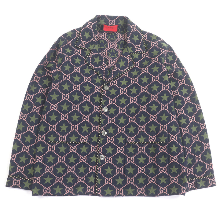 美品□GUCCI グッチ 576610 コットン100％ GGロゴ スター 総柄 シングル テーラードジャケット ネイビー 50 イタリア製 正規品 メンズ