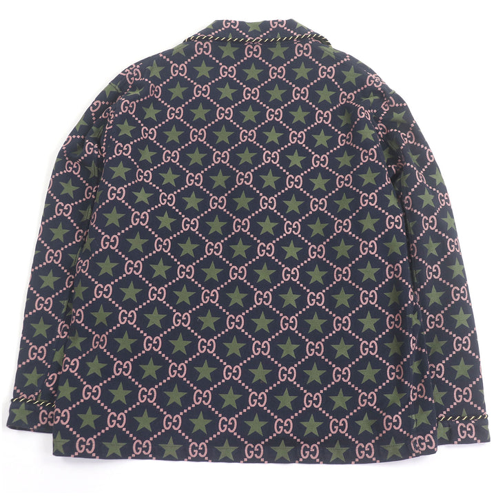 美品□GUCCI グッチ 576610 コットン100％ GGロゴ スター 総柄 シングル テーラードジャケット ネイビー 50 イタリア製 正規品 メンズ