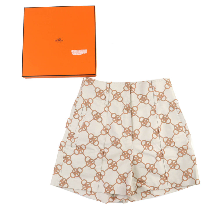 極美品△HERMES エルメス 2E0456DX コットン ビット柄デザイン ショートパンツ ベージュ ブラウン 34 イタリア製 レディース 箱付き