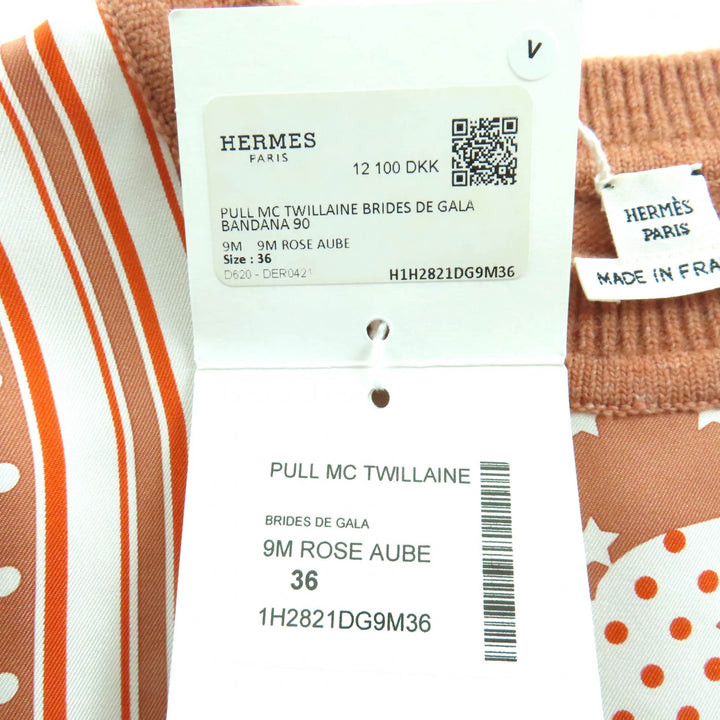 未使用△HERMES エルメス Brides de Gala ブリッド ドゥ ガラ シルク100％ カシミヤ混 ROSE AUBE ツイルレーヌ 半袖ニット 36 フランス製
