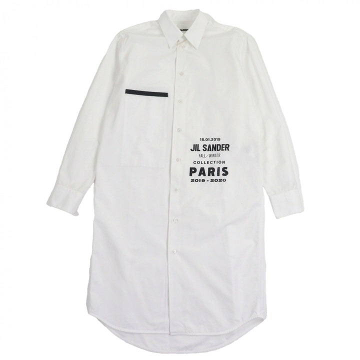 美品▼JIL SANDER ジルサンダー 19AW JSMP742235 コットン100% ロゴプリント 長袖ロングシャツ ホワイト 38 イタリア製 正規品 メンズ