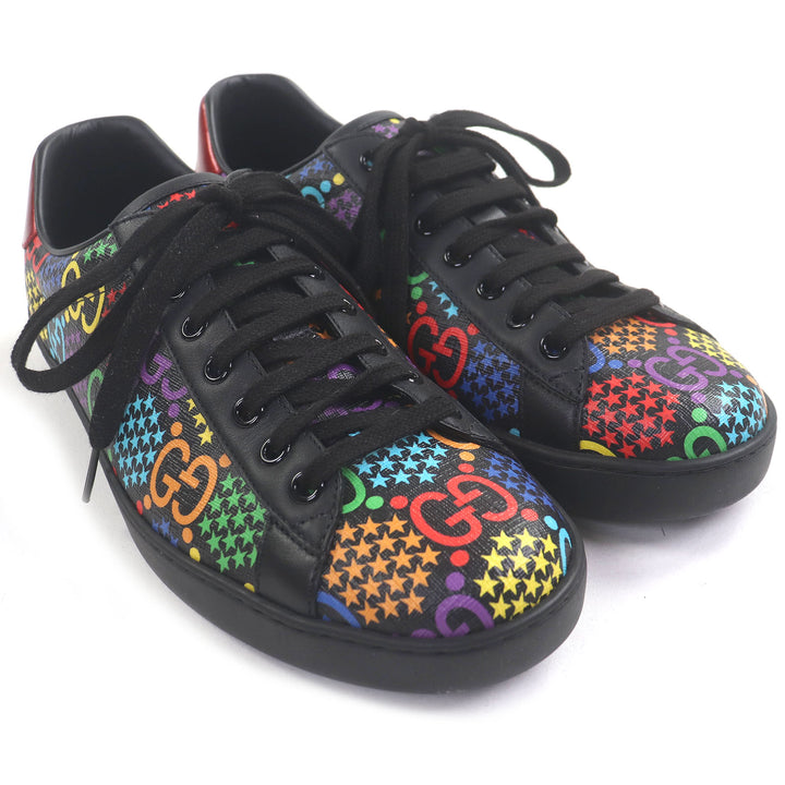 極美品□GUCCI グッチ 610085 レザー GGロゴ スター 総柄 ローカットスニーカー ブラック マルチカラー 7 箱・保存袋付き イタリア製