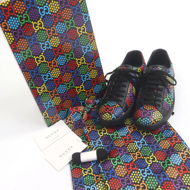 極美品□GUCCI グッチ 610085 レザー GGロゴ スター 総柄 ローカットスニーカー ブラック マルチカラー 7 箱・保存袋付き イタリア製