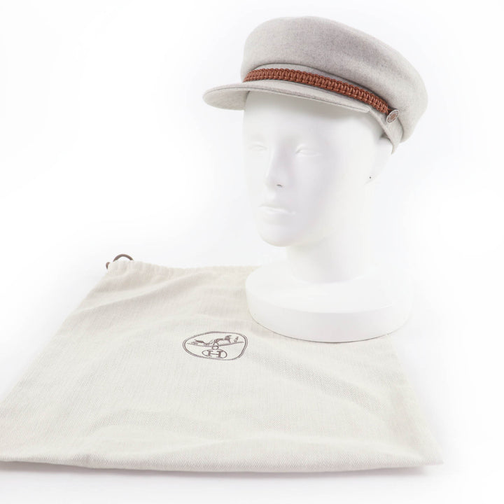 極美品☆HERMES エルメス H212009N ドーヴィル カシミヤ100％ セリエ金具 レザー使い キャスケット グレー 57 仏製 正規品 レディース
