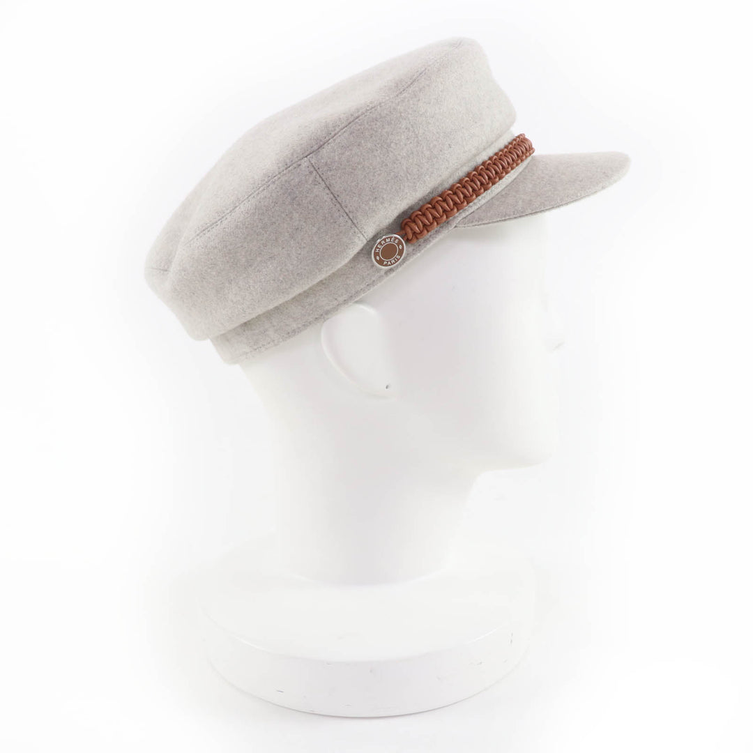 極美品☆HERMES エルメス H212009N ドーヴィル カシミヤ100％ セリエ金具 レザー使い キャスケット グレー 57 仏製 正規品 レディース