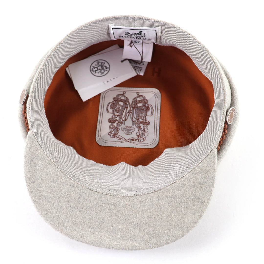 極美品☆HERMES エルメス H212009N ドーヴィル カシミヤ100％ セリエ金具 レザー使い キャスケット グレー 57 仏製 正規品 レディース