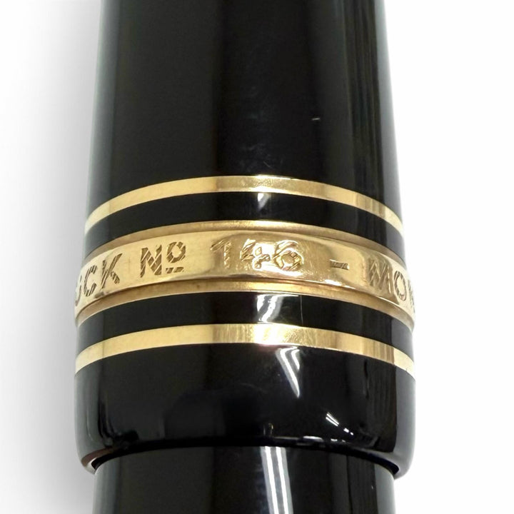 美品□MONTBLANC モンブラン マイスターシュテュック 146 ペン先14C Mニブ キャップ式 万年筆 ステーショナリー ブラック ゴールド