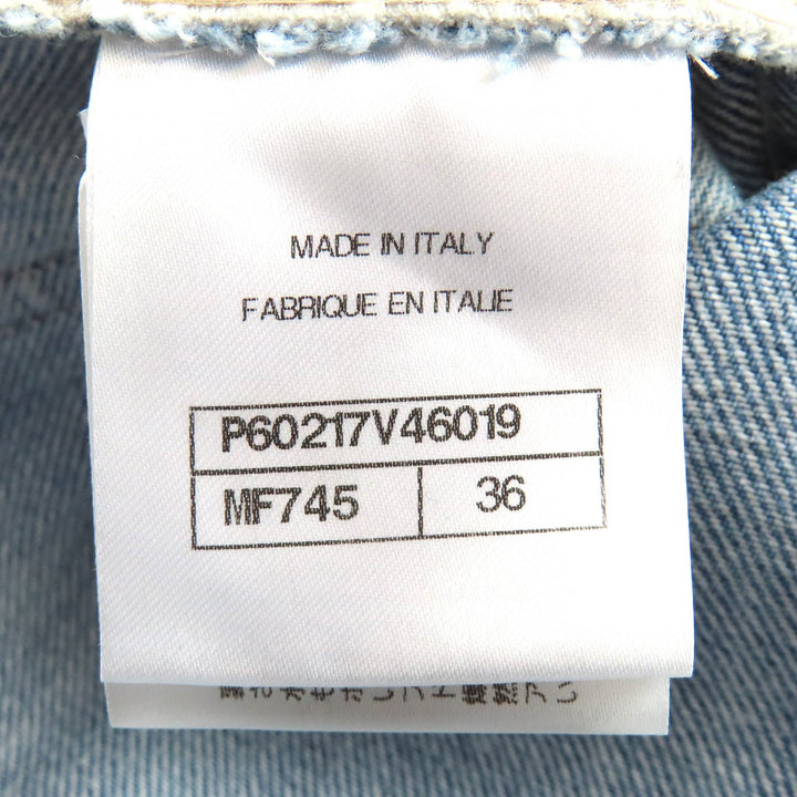 美品△CHANEL シャネル P60217 コットン ココマークボタン ダメージチュール クロップド デニムパンツ インディゴブルー 36 伊製 正規品