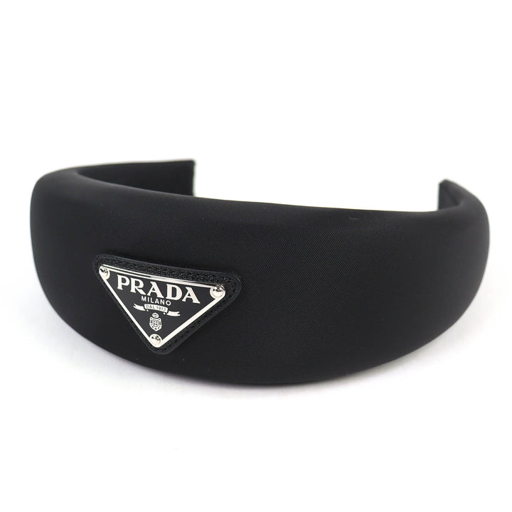 極美品△PRADA プラダ 1IH016 トライアングルロゴ 三角ロゴプレート RE-NYLON カチューシャ ヘアバンド ヘアアクセサリー ブラック 箱付き