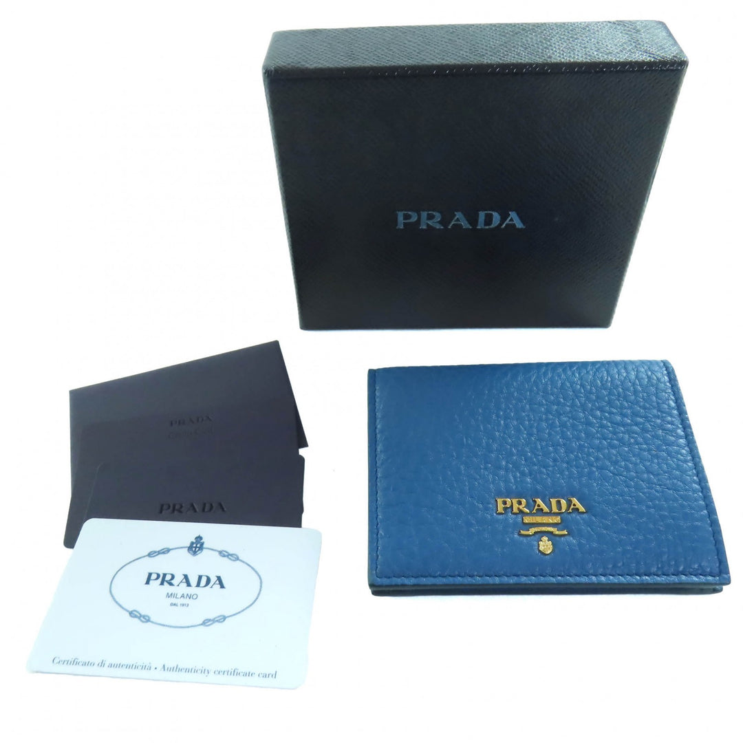 未使用品◇PRADA プラダ 1MV204 VITELLO GRAIN レタリングロゴ レザー コンパクトウォレット 二つ折り財布 コバルト 箱付き 定価106700円