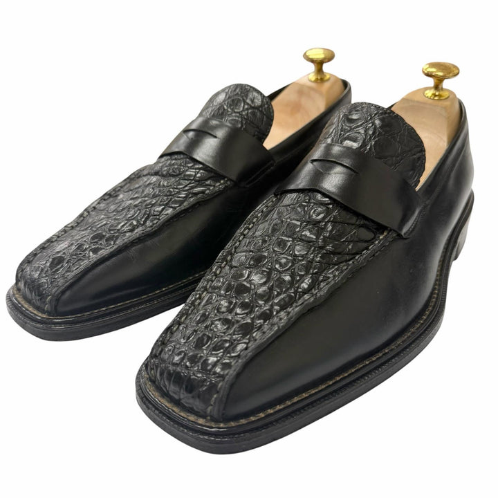 【ドンドン見直し】美品□Ermenegildo Zegna エルメネジルドゼニア レザー 一部クロコダイル Napoli Couture コイン ローファー 黒 6.5