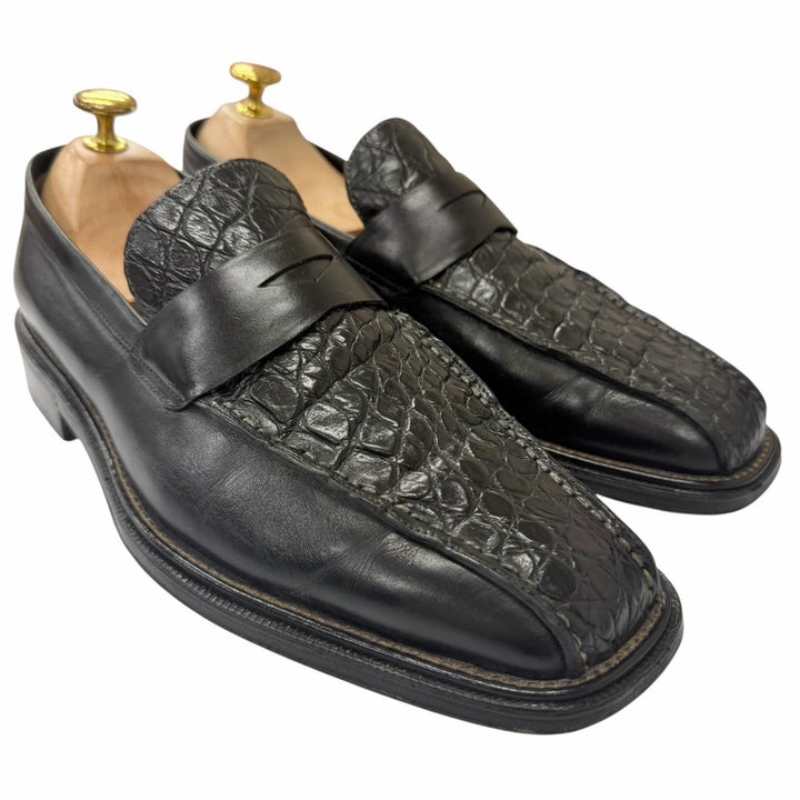 【ドンドン見直し】美品□Ermenegildo Zegna エルメネジルドゼニア レザー 一部クロコダイル Napoli Couture コイン ローファー 黒 6.5