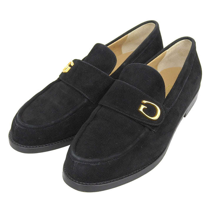 極美品▲GUCCI グッチ 100 0373 Gロゴ金具 スウェードレザー ローファー ブラック ゴールド金具 36.5 イタリア製 レディース