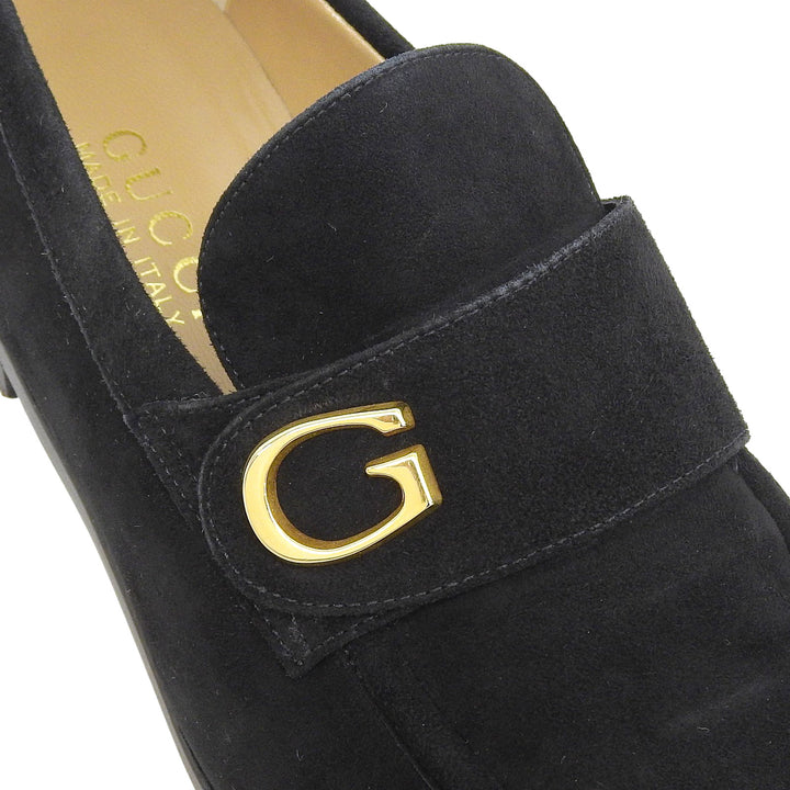 極美品▲GUCCI グッチ 100 0373 Gロゴ金具 スウェードレザー ローファー ブラック ゴールド金具 36.5 イタリア製 レディース