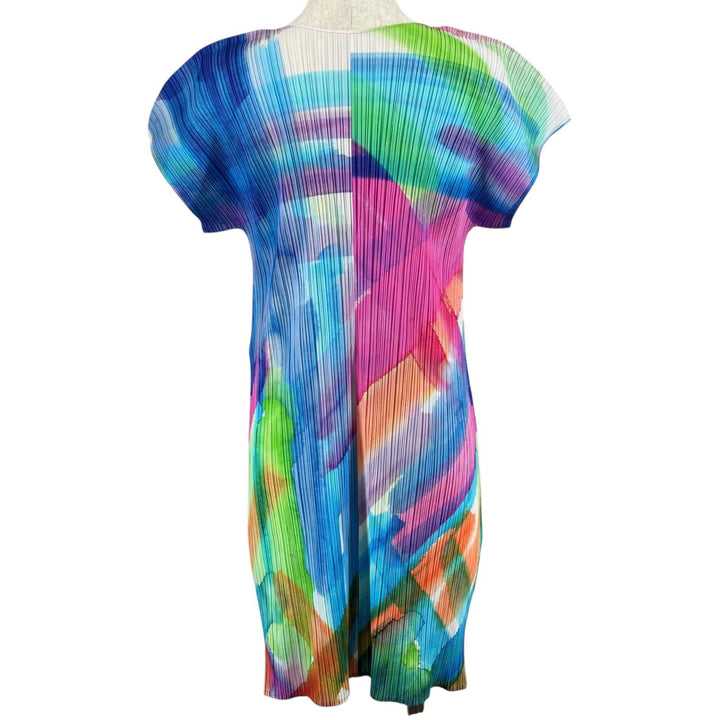 極美品▲PLEATS PLEASE プリーツプリーズ イッセイミヤケ PP01-JT688 Vネック ワンピース マルチカラー 3 日本製 正規品 レディース