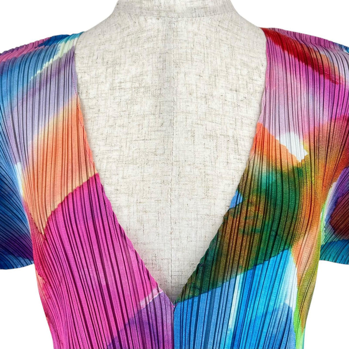 極美品▲PLEATS PLEASE プリーツプリーズ イッセイミヤケ PP01-JT688 Vネック ワンピース マルチカラー 3 日本製 正規品 レディース