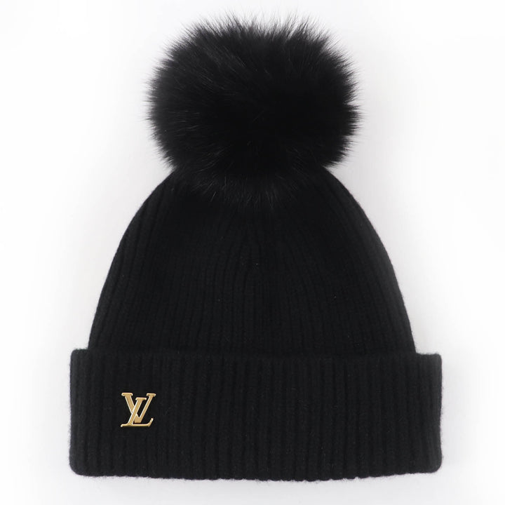 極美品☆LOUIS VUITTON ルイヴィトン M79256 カシミヤ100％ フォックスファー LVコールドスパーク ニットキャップ ブラック 正規品