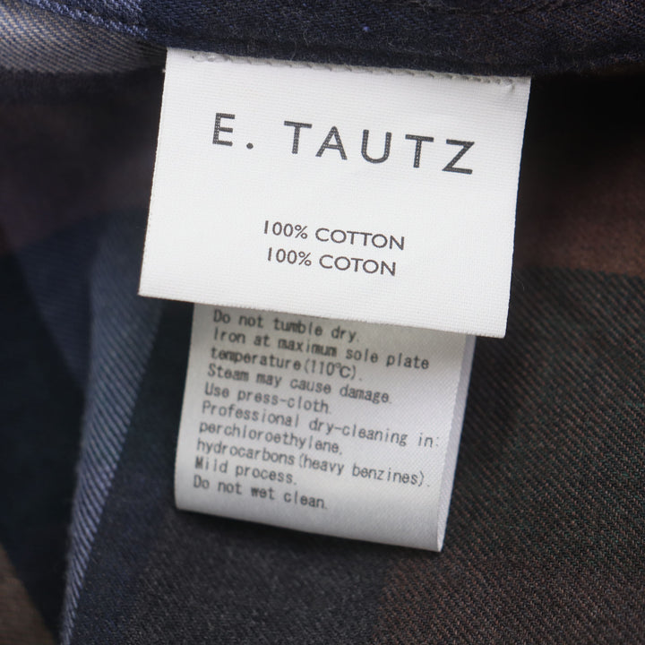極美品▼E.TAUTZ イートウツ LINEMAN SHIRT NV コットン100% チェック柄 ロングスリーブ 長袖シャツ ブラウン ネイビー XS 正規品 メンズ