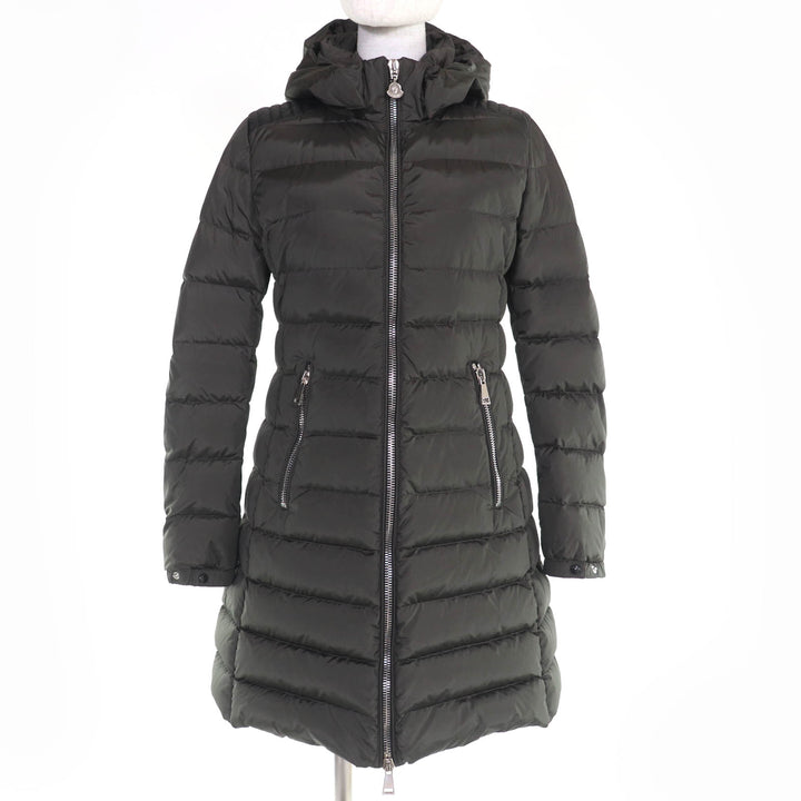 良品☆MONCLER モンクレール OROPHIN レザー使い ロゴワッペン・フード付 ZIP UP ダウンコート カーキ 1 正規品 レディース
