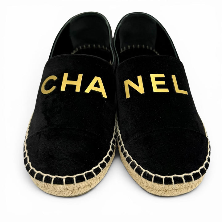 極美品★CHANEL シャネル G34012 ロゴデザイン ベロア スリッポン フラットシューズ ブラック ゴールド 37 スペイン製 箱・保存袋付き