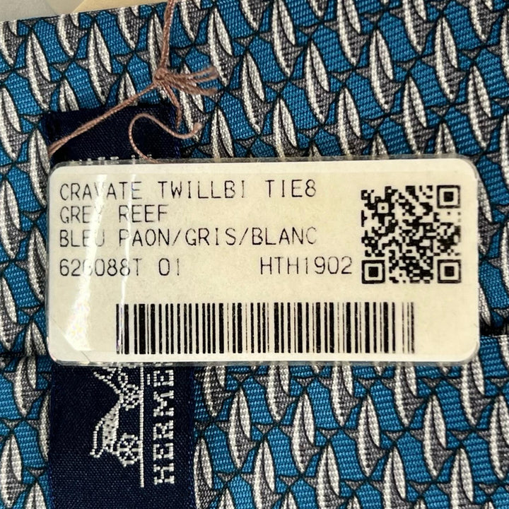 未使用品▲HERMES エルメス 626088 シルク100％ GREY REEF シャーク 総柄 ネクタイ ブルー フランス製 正規品 メンズ