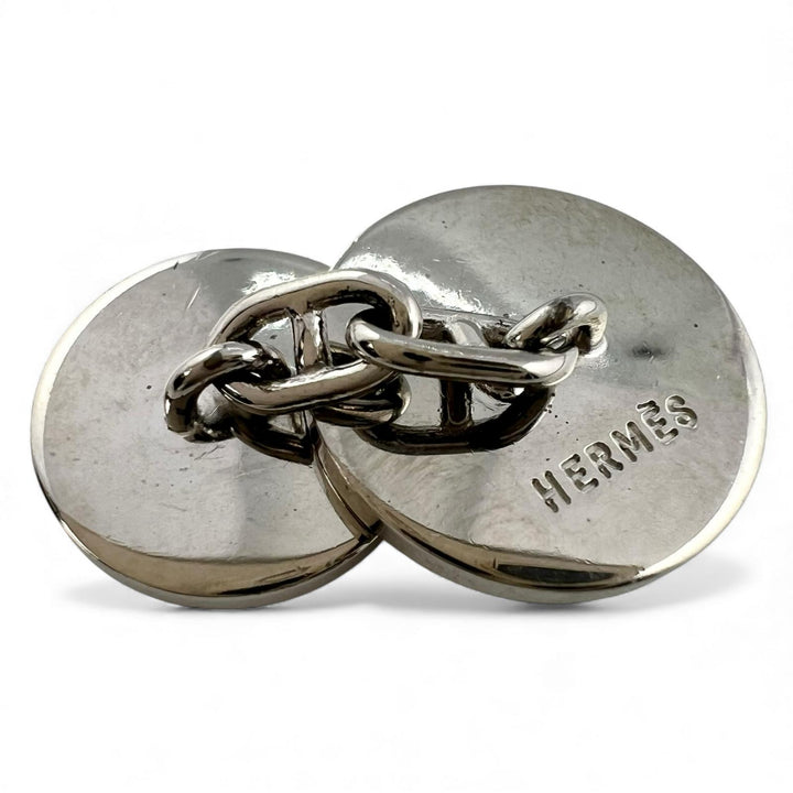 美品▲HERMES エルメス シェーヌダンクル Hモチーフ パラディウムプレーテッド エナメル カフスボタン カフリンクス ブラック メンズ