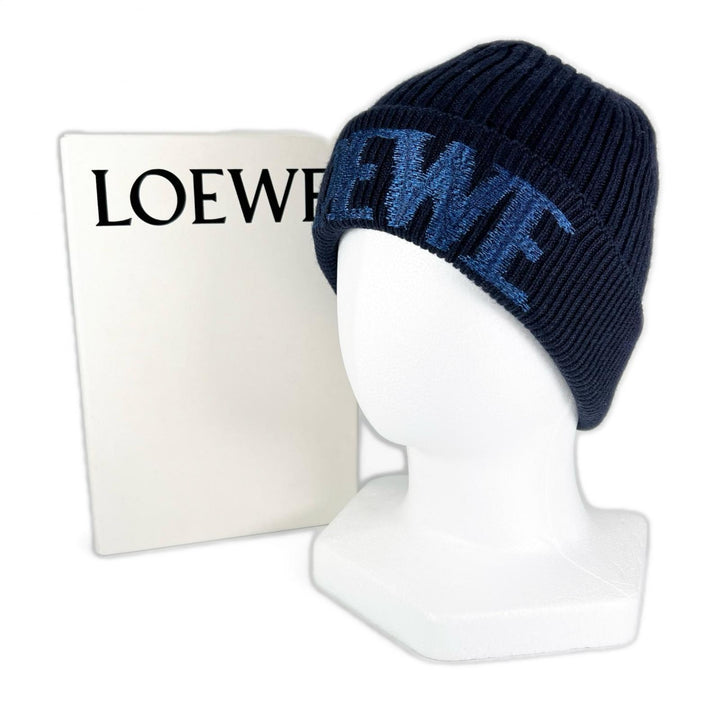未使用品▲LOEWE ロエベ F540257X23 ウール100％ ロゴデザイン ビーニー ニットキャップ ネイビーブルー 箱付き 伊製 正規品 レディース