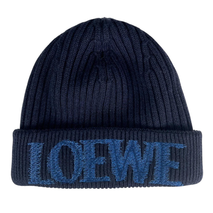 未使用品▲LOEWE ロエベ F540257X23 ウール100％ ロゴデザイン ビーニー ニットキャップ ネイビーブルー 箱付き 伊製 正規品 レディース