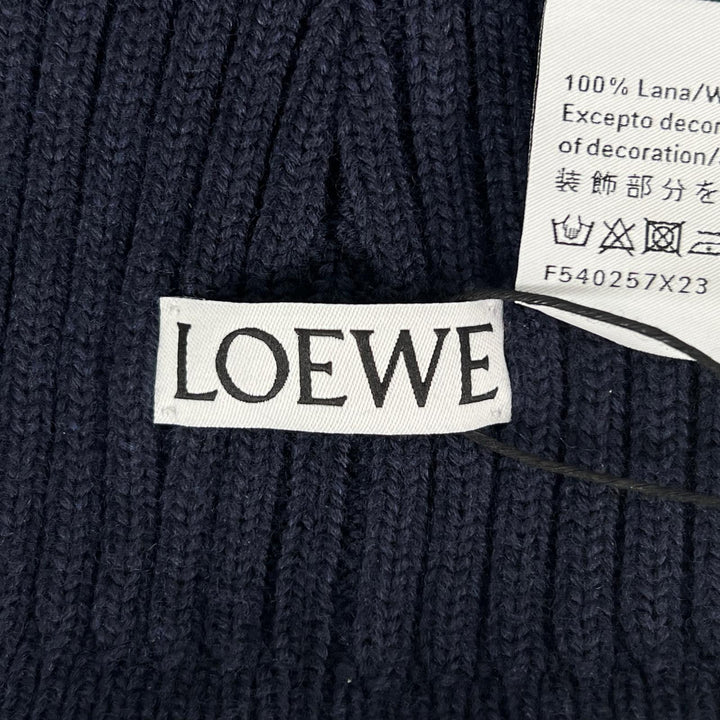 未使用品▲LOEWE ロエベ F540257X23 ウール100％ ロゴデザイン ビーニー ニットキャップ ネイビーブルー 箱付き 伊製 正規品 レディース