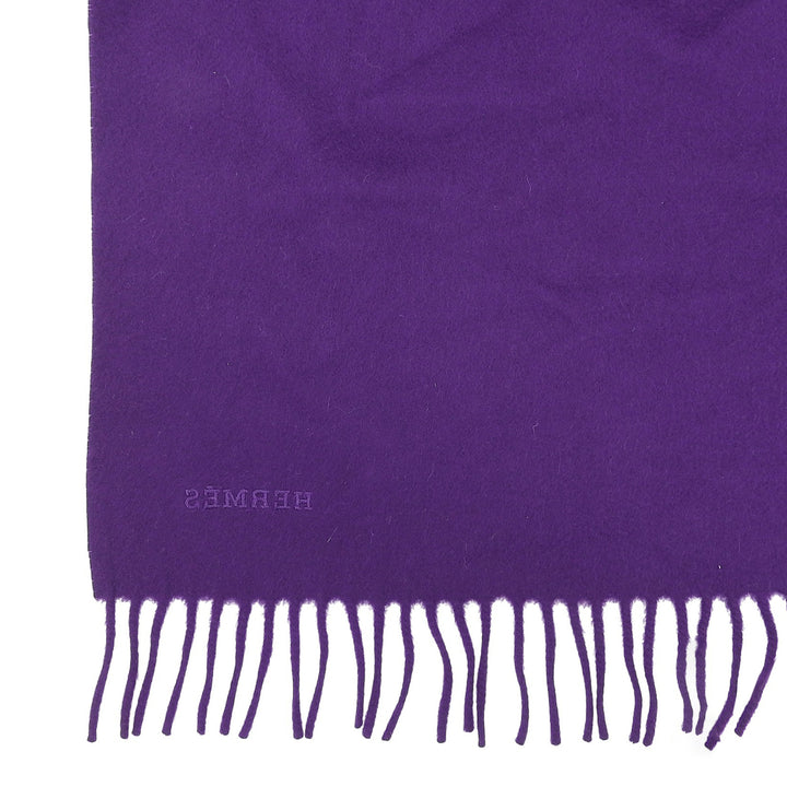 極美品▲HERMES エルメス カシミヤ100％ イタリア製生地使用 ロゴ刺繍 フリンジ付き 超大判ストール ショール パープル レディース