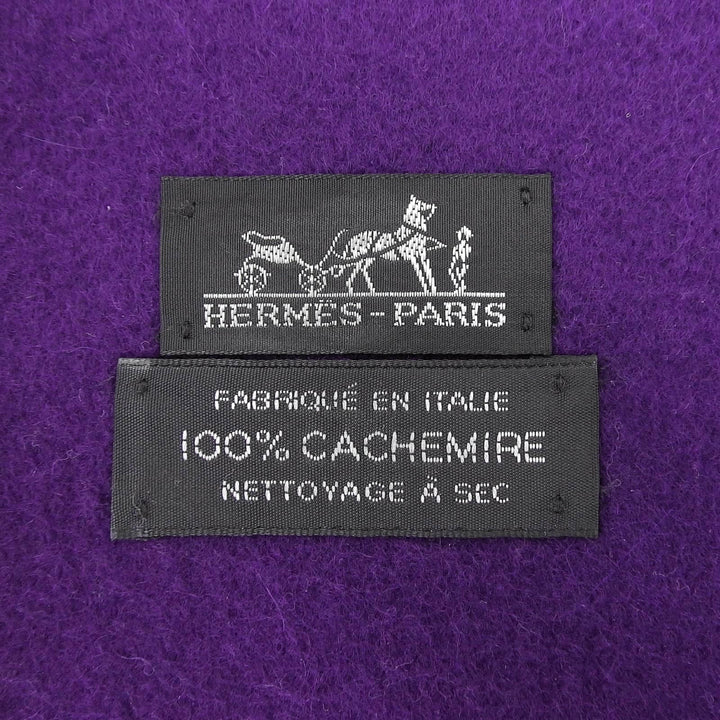 極美品▲HERMES エルメス カシミヤ100％ イタリア製生地使用 ロゴ刺繍 フリンジ付き 超大判ストール ショール パープル レディース