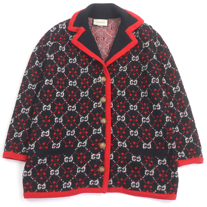 美品□GUCCI グッチ 543433 アルパカ ウール タイガーヘッド金ボタン GGジャガード ニットカーディガン ブラック S　イタリア製 正規品