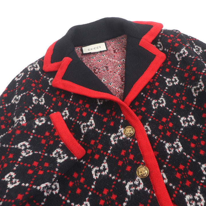 美品□GUCCI グッチ 543433 アルパカ ウール タイガーヘッド金ボタン GGジャガード ニットカーディガン ブラック S　イタリア製 正規品