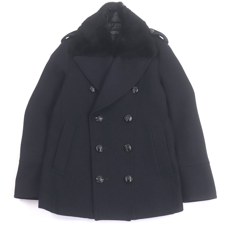 美品□BURBERRY BLACK LABEL バーバリーブラックレーベル 襟ラビットファー ダブルブレスト エンブレムボタン ピーコート M 正規品