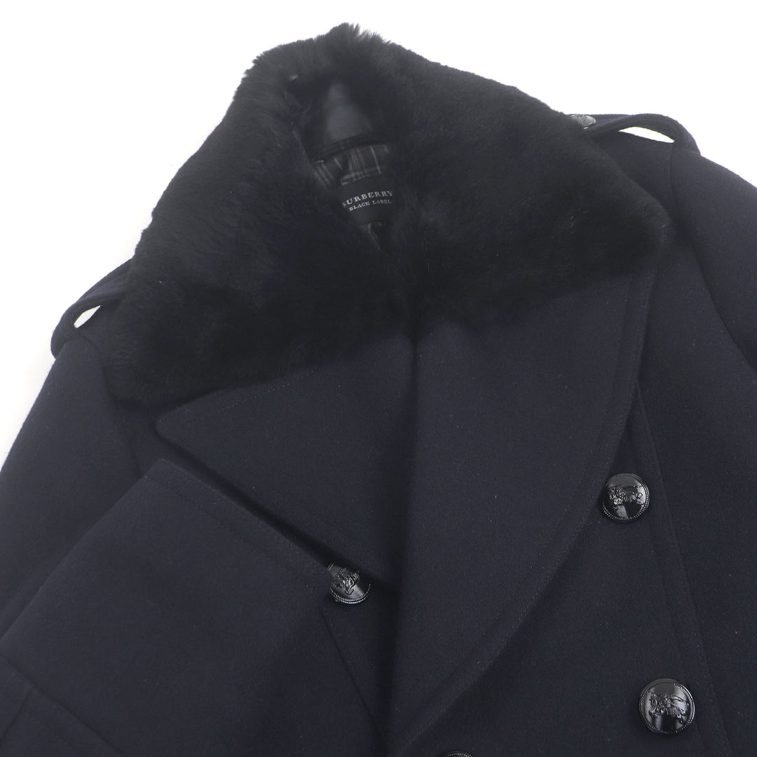 美品□BURBERRY BLACK LABEL バーバリーブラックレーベル 襟ラビットファー ダブルブレスト エンブレムボタン ピーコート M 正規品