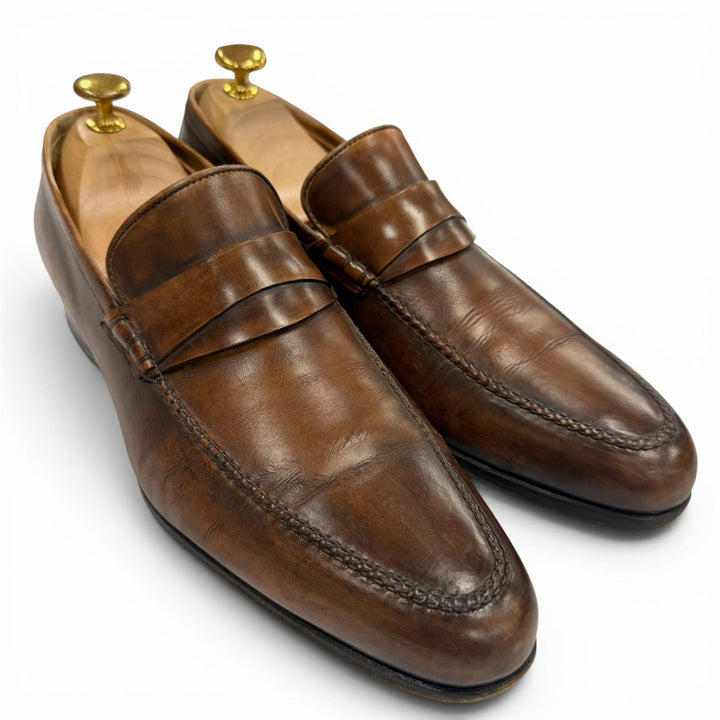 【ドンドン見直し】良品▼Santoni サントーニ 12986 レザー Uチップ ビジネスシューズ ローファー ブラウン 6 イタリア製 メンズ
