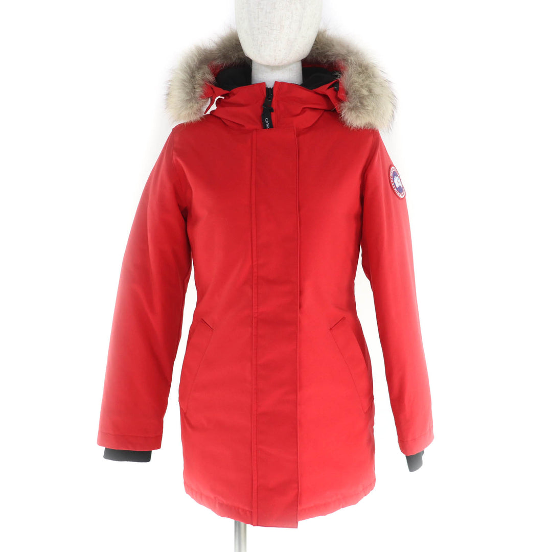 極美品★CANADA GOOSE カナダグース 3037LA VICTORIA PARKA ファー・フード・ロゴワッペン付 比翼仕立て ダウンコート レッド XS 正規品