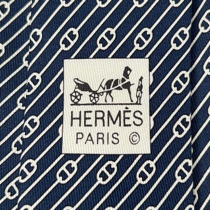 未使用品▲HERMES エルメス 5500 UA シルク100％ シェーヌダンクル柄 総柄 ネクタイ ネイビー 箱付き フランス製 メンズ
