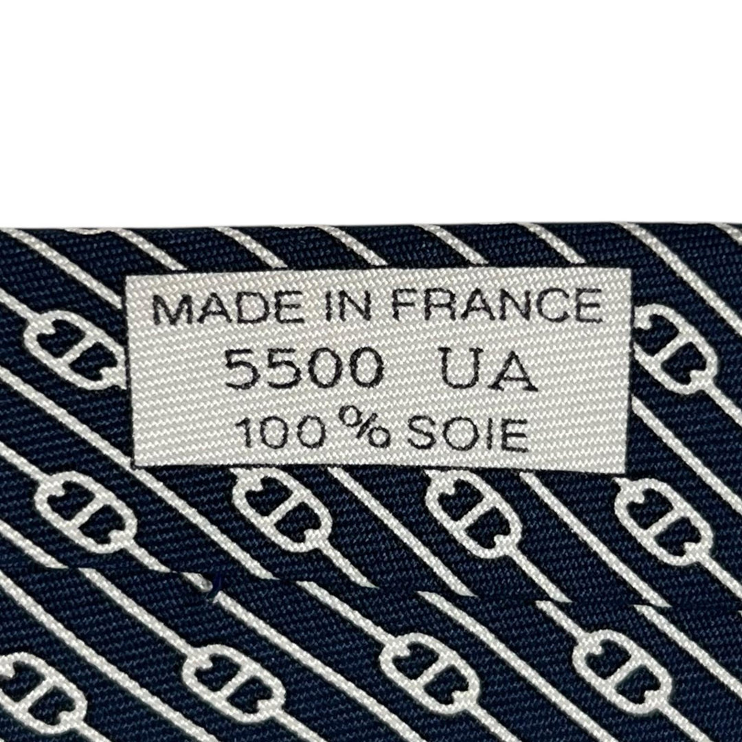 未使用品▲HERMES エルメス 5500 UA シルク100％ シェーヌダンクル柄 総柄 ネクタイ ネイビー 箱付き フランス製 メンズ